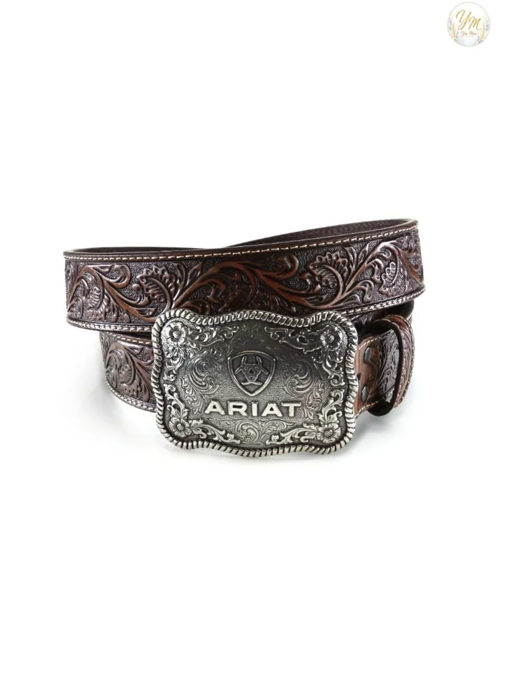 Floral Embossed Leather Western Belt with Antiqued Silver Cowboy Buckle, 1-1/2